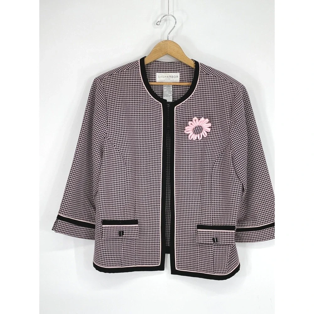 Sag Harbor Womens Jacket 16 Open Front Pink Houndstooth Flower Accent Retro